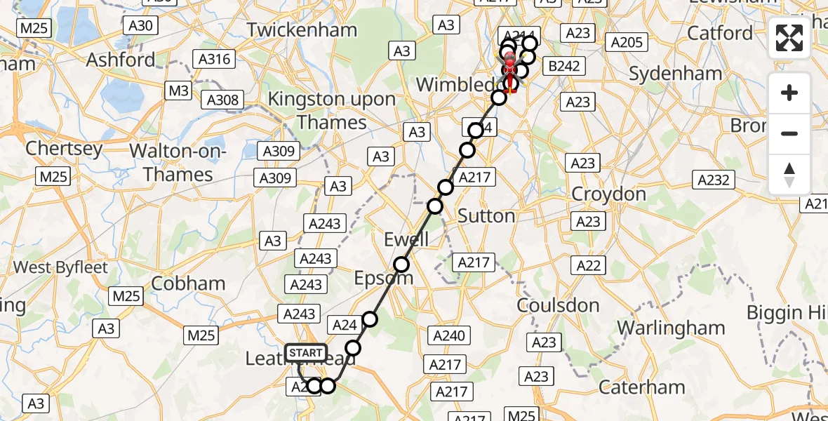 Flight route Air Ambulance Helicopter Leatherhead - St Georges Hospital, 26 May 2026, 08:04