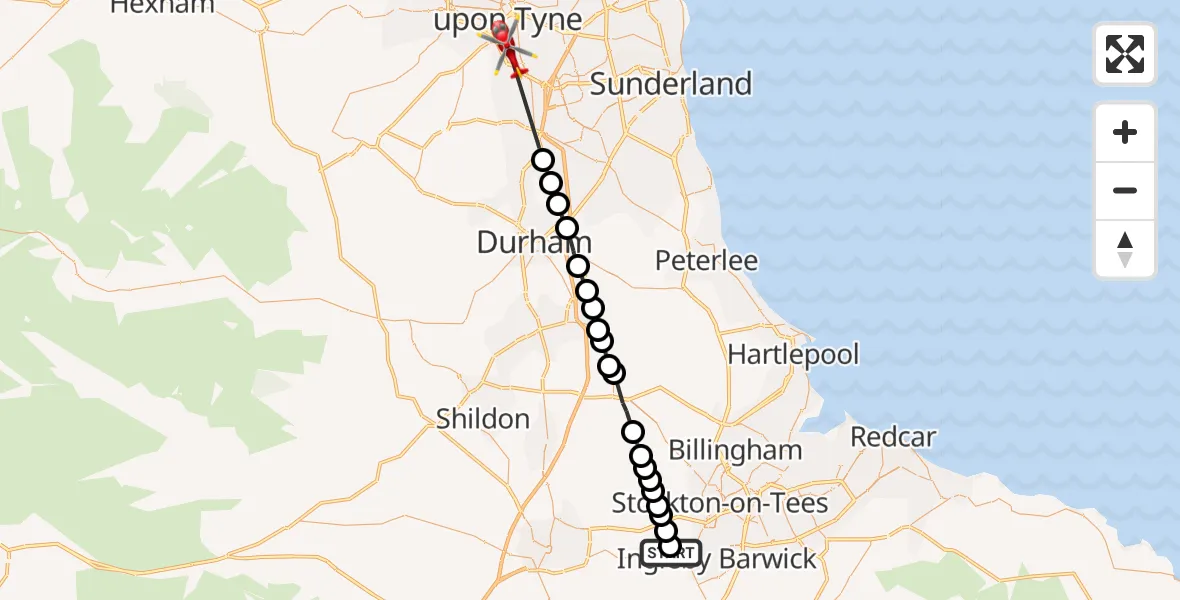 Flight route Air Ambulance Helicopter Egglescliffe - Gateshead, 26 May 2026, 08:09