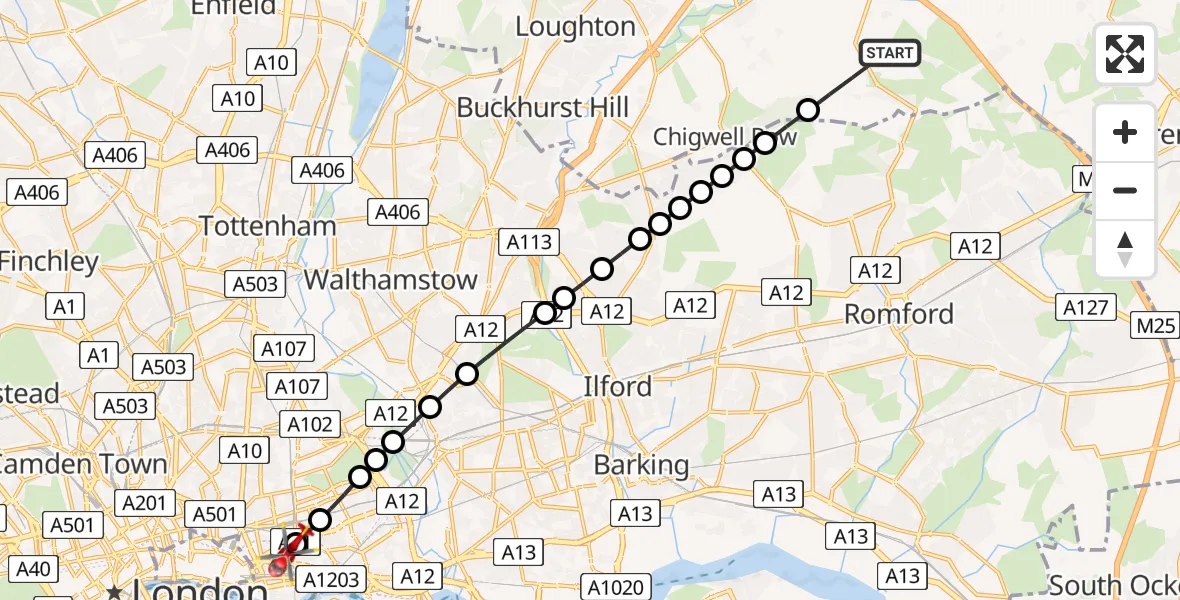 Flight route Air Ambulance Helicopter Stapleford Abbotts - Royal London Hospital, 26 May 2026, 08:23