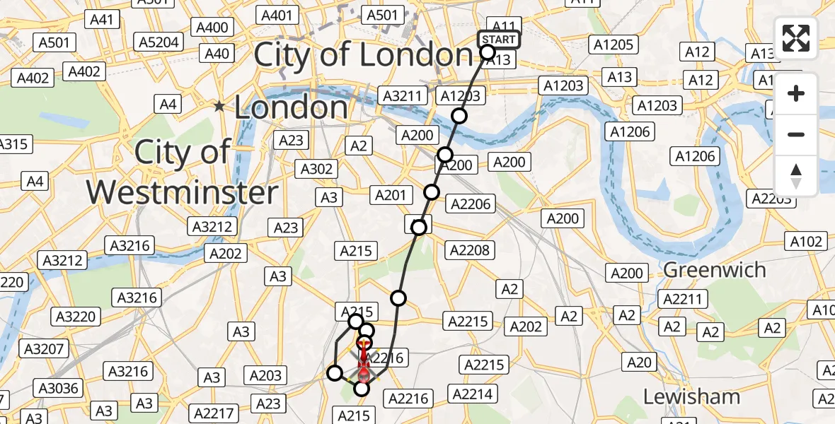 Flight route Air Ambulance Helicopter Royal London Hospital - Kings College London Hospital, 26 May 2026, 08:23