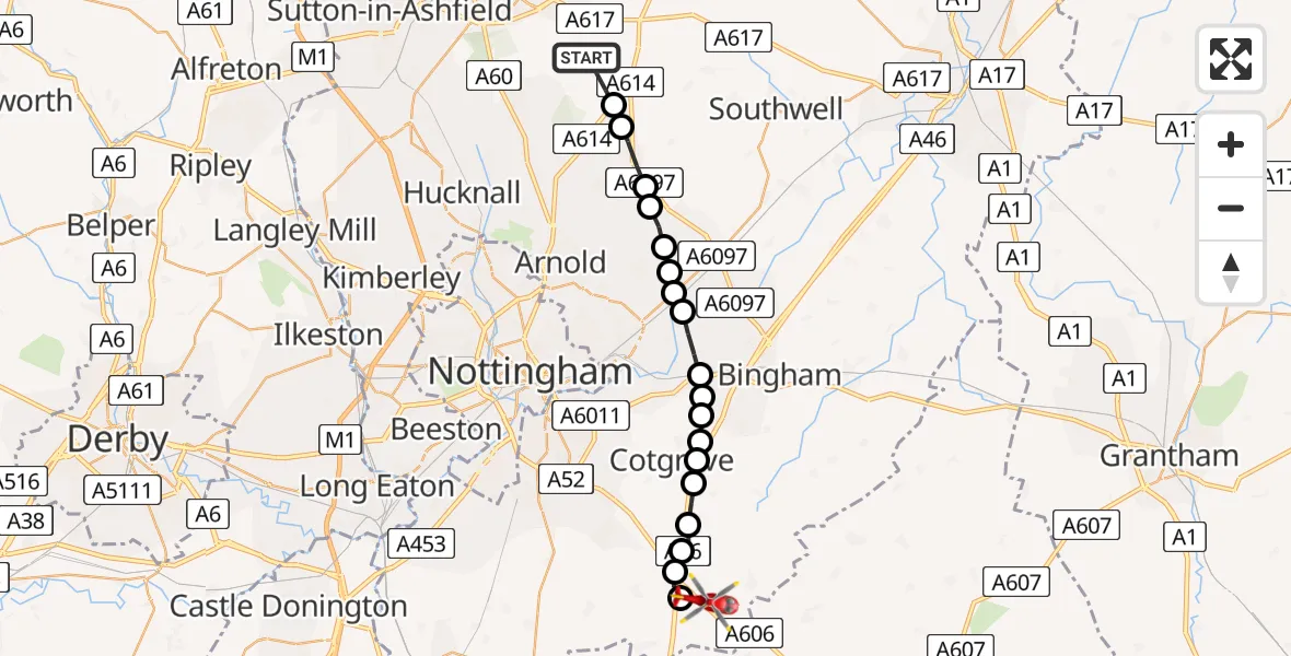 Flight route Air Ambulance Helicopter Blidworth CP - Hickling, 26 May 2026, 08:25