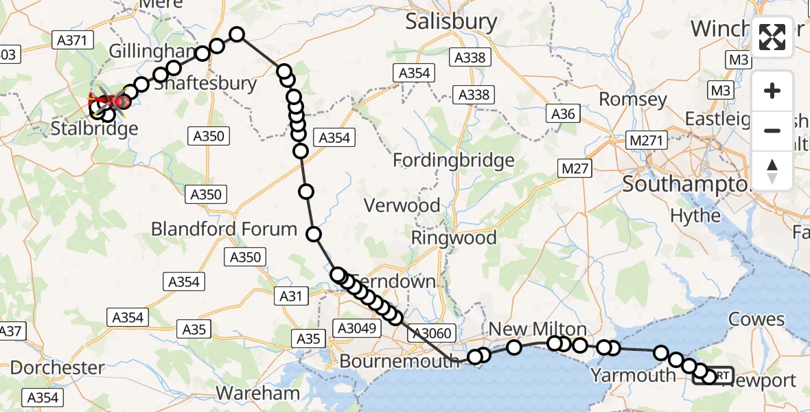 Flight route Air Ambulance Helicopter Newbridge - Henstridge Airfield, 26 May 2026, 08:32