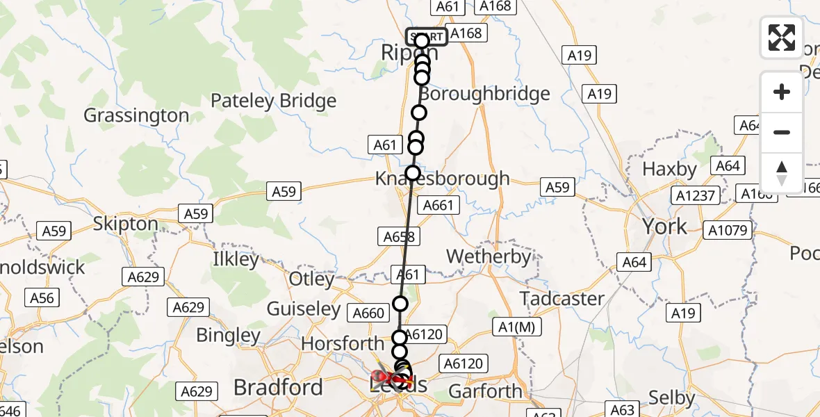 Flight route Air Ambulance Helicopter Hutton Conyers - Woodhouse, 26 May 2026, 08:47