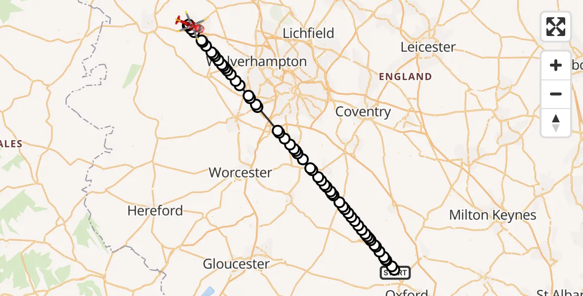 Flight route Air Ambulance Helicopter London Oxford Airport - Wellington, 26 May 2026, 09:03