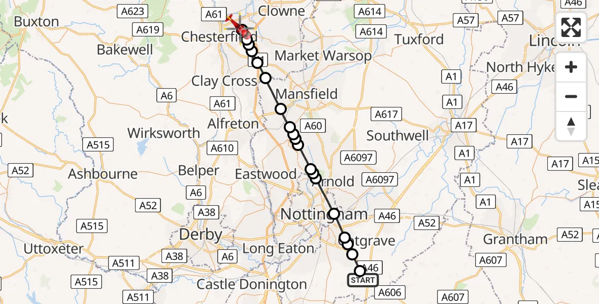 Flight route Air Ambulance Helicopter Widmerpool - Chesterfield, 26 May 2026, 09:05