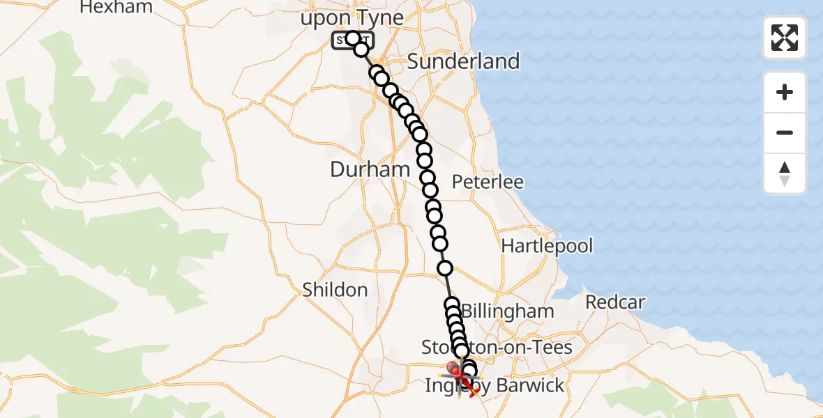Flight route Air Ambulance Helicopter Gateshead - Egglescliffe, 26 May 2026, 09:05
