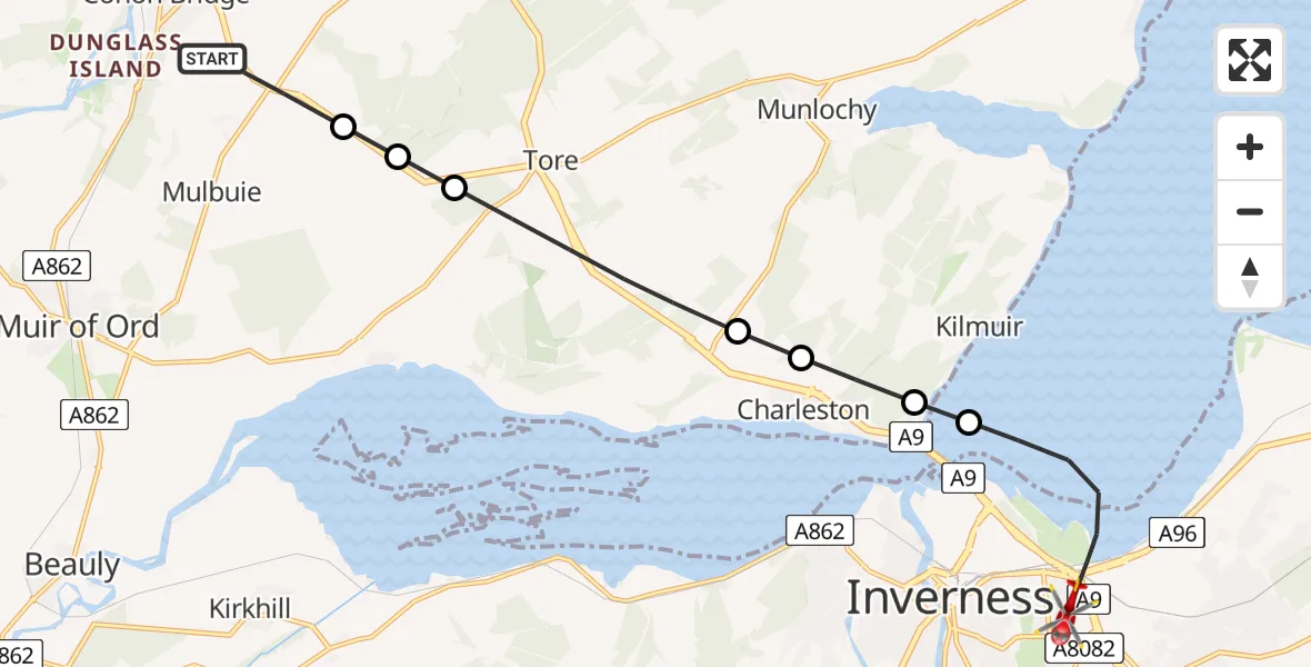 Flight route Air Ambulance Helicopter Conon Bridge - Inverness, 26 May 2026, 09:07