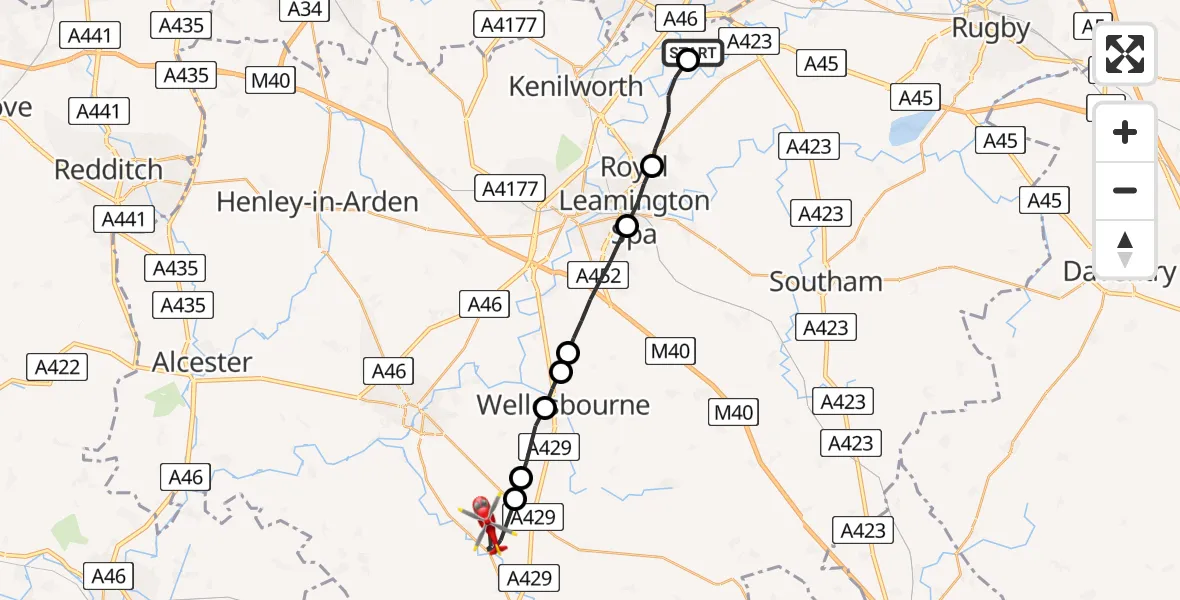 Flight route Air Ambulance Helicopter Coventry Airport - Alderminster CP, 26 May 2026, 09:17