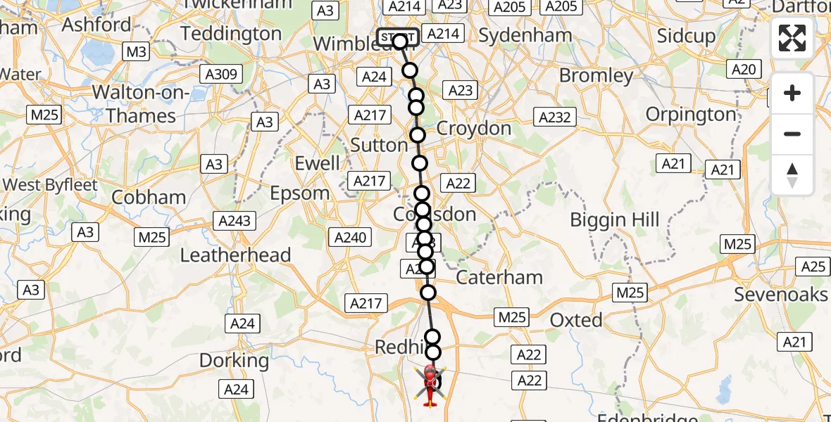 Flight route Air Ambulance Helicopter St Georges Hospital - Redhill Aerodrome, 26 May 2026, 09:18