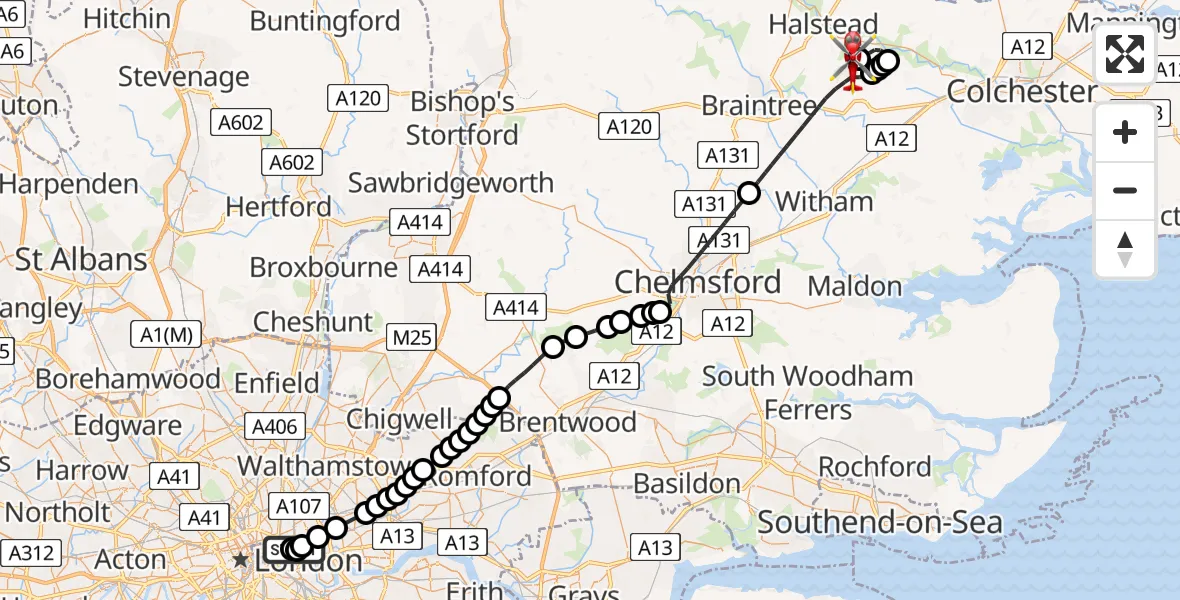 Flight route Air Ambulance Helicopter Royal London Hospital - Earls Colne Airfield, 26 May 2026, 09:28