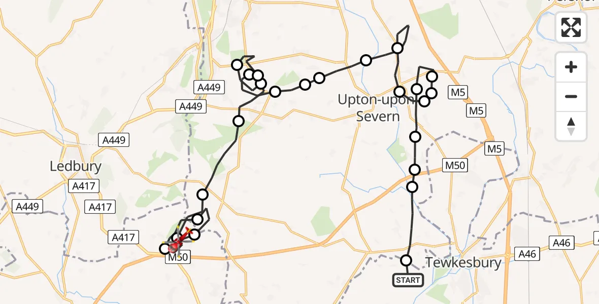 Flight route Air Ambulance Helicopter Tewkesbury - Berrow Airstrip, 26 May 2026, 09:31