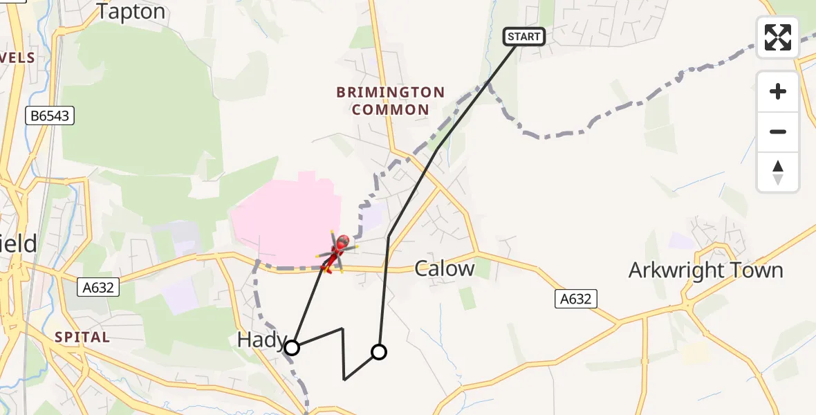 Flight route Air Ambulance Helicopter Chesterfield - Chesterfield, 26 May 2026, 09:40
