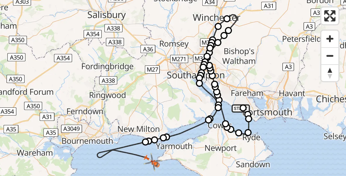 Flight route Coastguard Helicopter Solent Airport - English Channel, 26 May 2026, 09:43