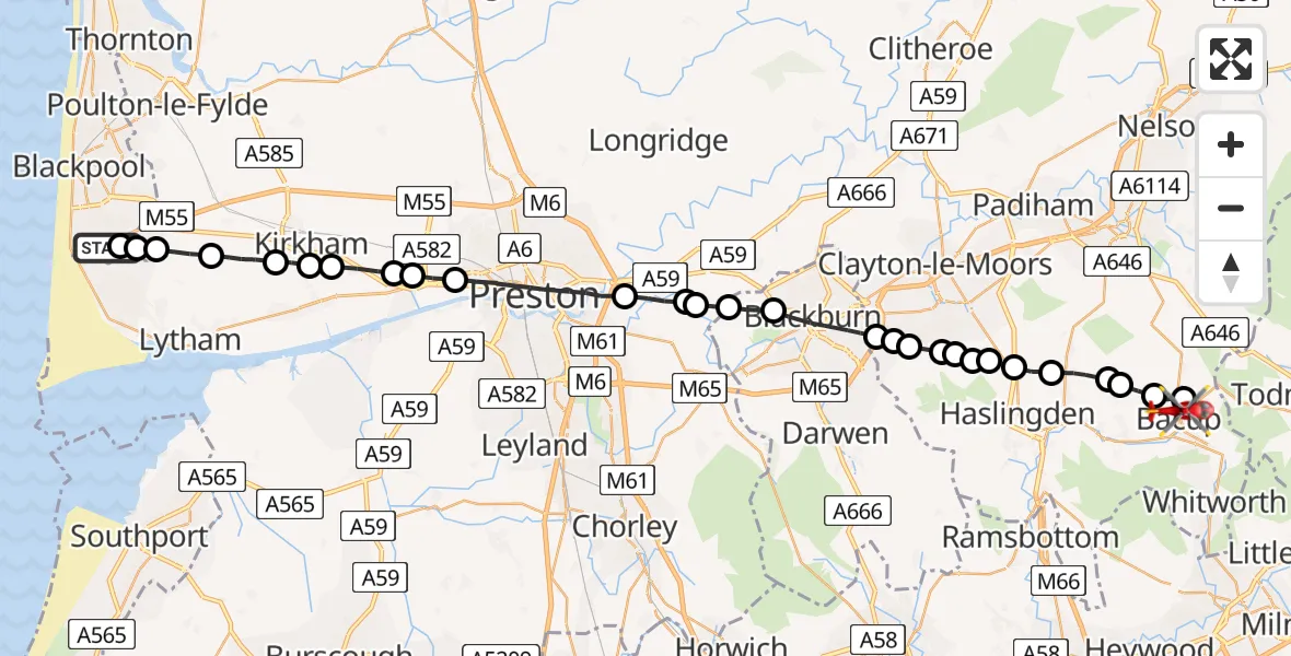 Flight route Air Ambulance Helicopter Common Edge - Bacup, 26 May 2026, 09:47