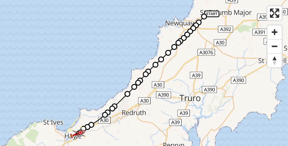 Flight route Air Ambulance Helicopter Cornwall Airport Newquay - Hayle, 26 May 2026, 09:47