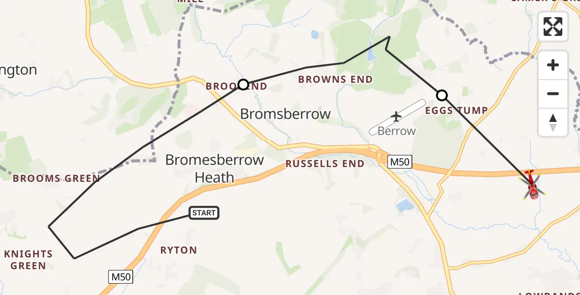 Flight route Air Ambulance Helicopter Bromesberrow Heath - Forest of Dean, 26 May 2026, 09:53