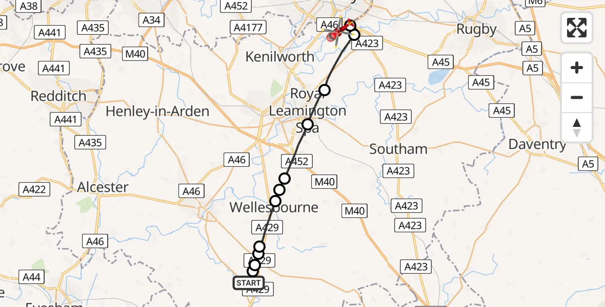 Flight route Air Ambulance Helicopter Ettington CP - Coventry Airport, 26 May 2026, 09:54