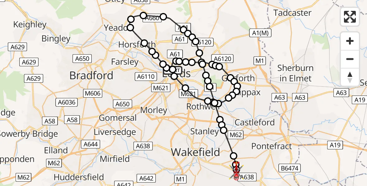 Flight route Air Ambulance Helicopter Woodhouse - YAA Nostell Helicopter Port, 26 May 2026, 09:57