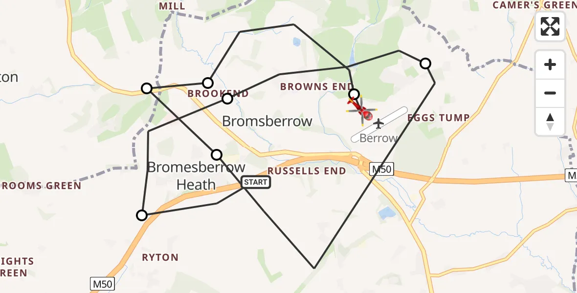 Flight route Air Ambulance Helicopter Bromsberrow - Berrow Airstrip, 26 May 2026, 09:59
