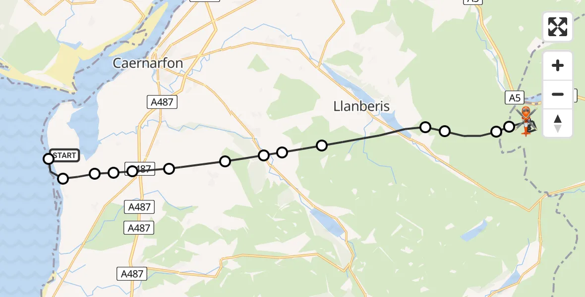Flight route Coastguard Helicopter Caernarfon Airport - Capel Curig, 26 May 2026, 10:12