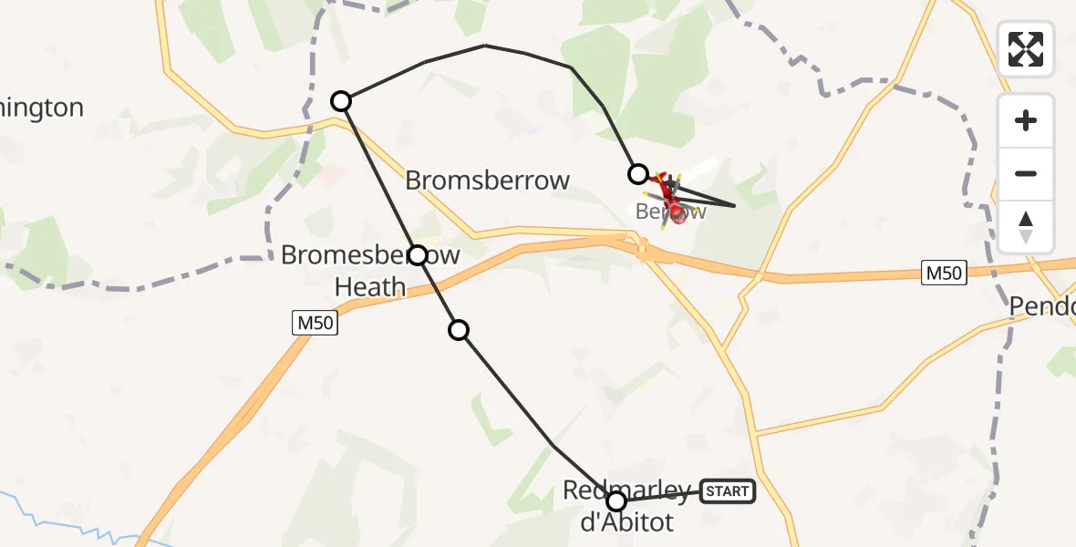 Flight route Air Ambulance Helicopter Redmarley d'Abitot - Berrow Airstrip, 26 May 2026, 10:13