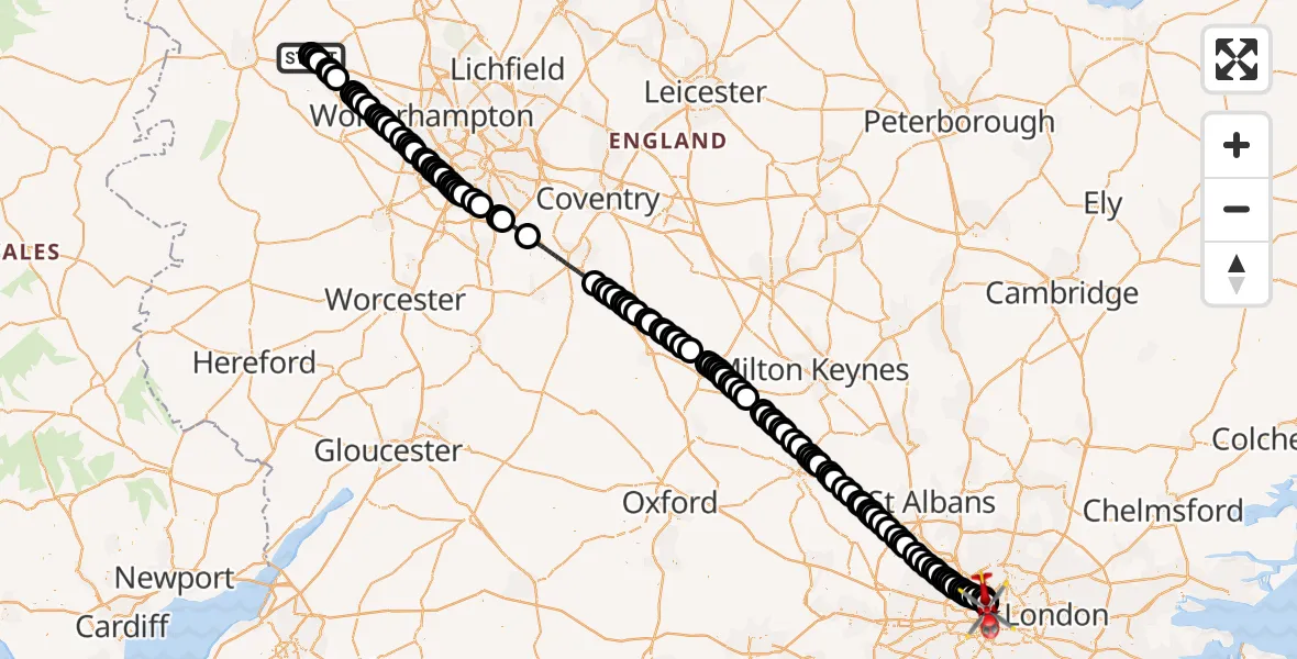 Flight route Air Ambulance Helicopter Princess Royal Telford Hospital - Fitzrovia, 26 May 2026, 10:13