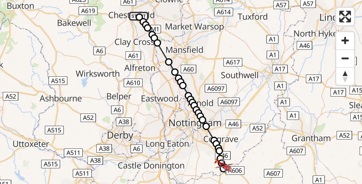 Flight route Air Ambulance Helicopter Chesterfield - Nottingham Heliport, 26 May 2026, 10:17
