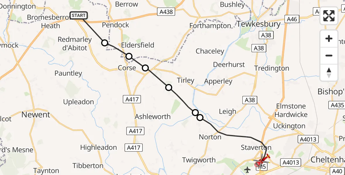 Flight route Air Ambulance Helicopter Berrow Airstrip - Tewkesbury, 26 May 2026, 10:16