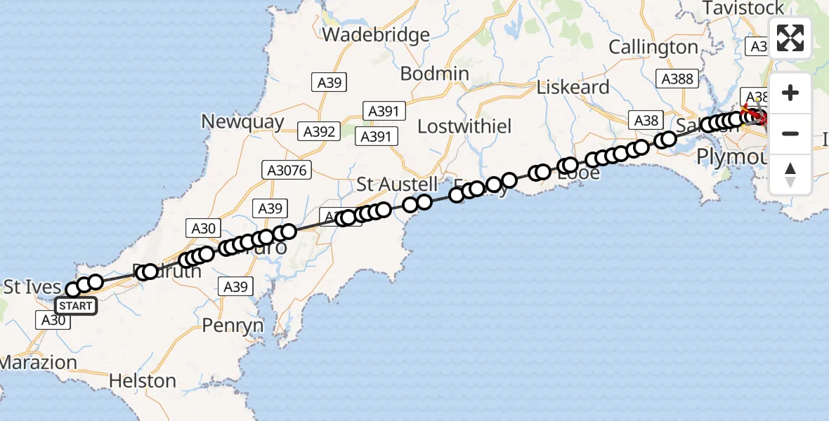 Flight route Air Ambulance Helicopter Hayle - Derriford Hospital, 26 May 2026, 10:21
