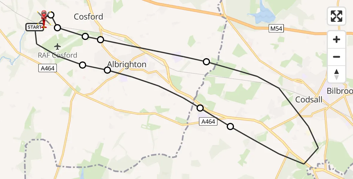 Flight route Air Ambulance Helicopter RAF Cosford - Tong, 26 May 2026, 10:26