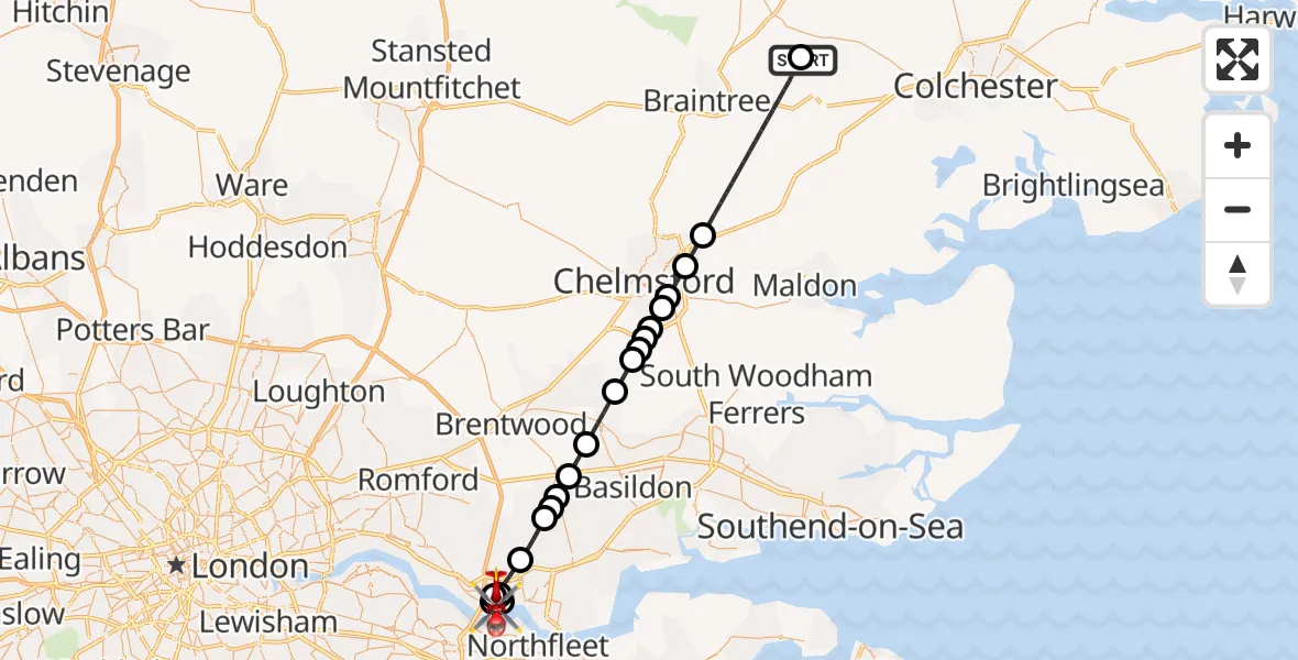 Flight route Air Ambulance Helicopter Earls Colne Airfield - West Thurrock, 26 May 2026, 10:38
