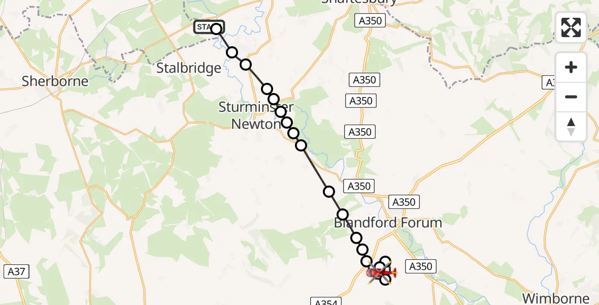 Flight route Air Ambulance Helicopter Henstridge Airfield - Spetisbury, 26 May 2026, 10:38