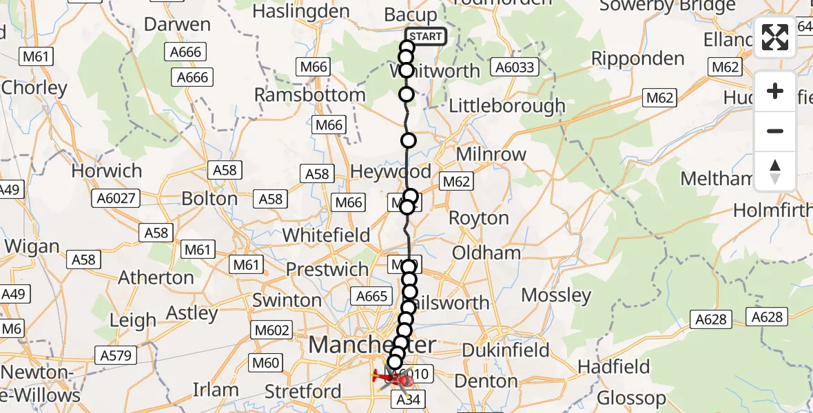 Flight route Air Ambulance Helicopter Whitworth - Moss Side, 26 May 2026, 10:43