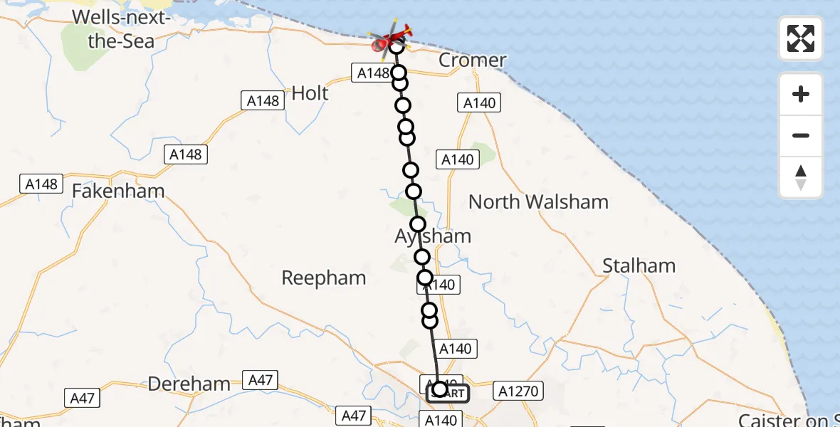 Flight route Air Ambulance Helicopter Norwich Airport - Sheringham, 26 May 2026, 10:43