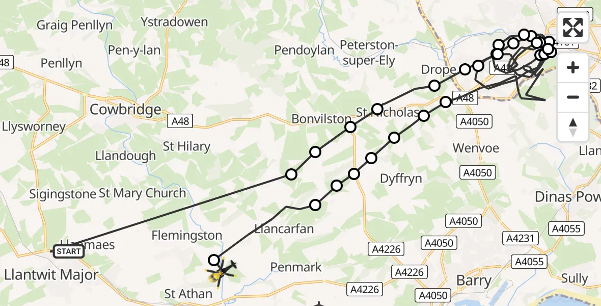Flight route Police Helicopter Llantwit Major - Llancarfan, 26 May 2026, 10:54
