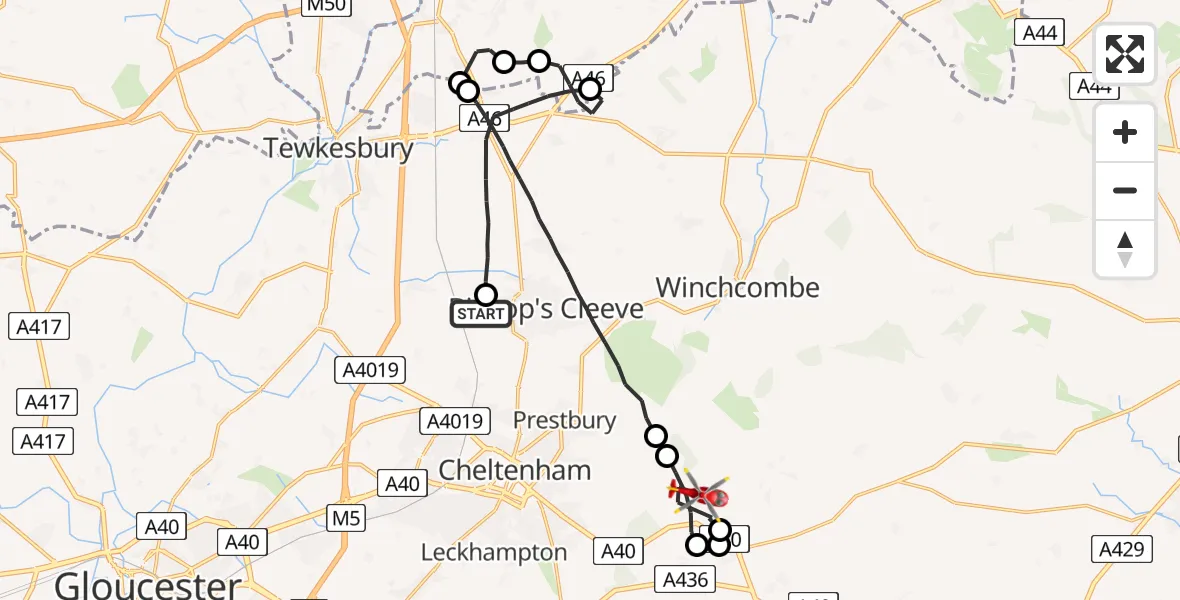 Flight route Air Ambulance Helicopter Bishop's Cleeve - Whittington, 26 May 2026, 11:16