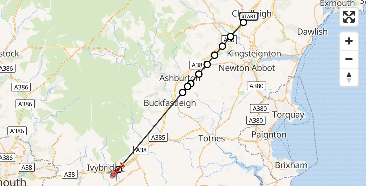 Flight route Air Ambulance Helicopter Chudleigh - Bittaford, 26 May 2026, 11:26