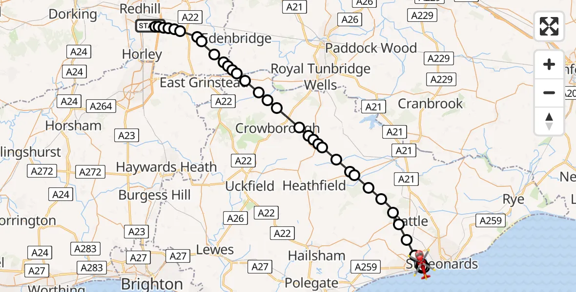 Flight route Air Ambulance Helicopter Redhill Aerodrome - Rother, 26 May 2026, 11:31