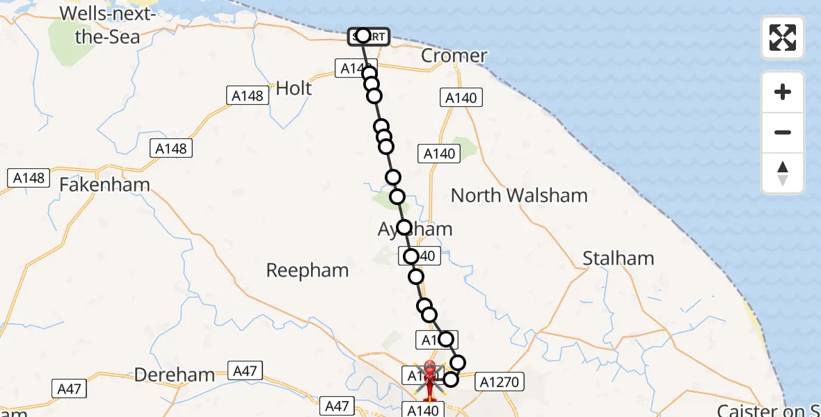 Flight route Air Ambulance Helicopter Sheringham - Norwich Airport, 26 May 2026, 11:38