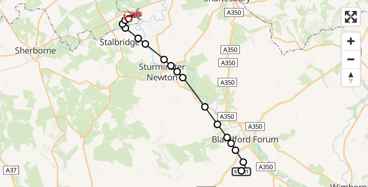 Flight route Air Ambulance Helicopter Blandford St. Mary - Henstridge Airfield, 26 May 2026, 11:39