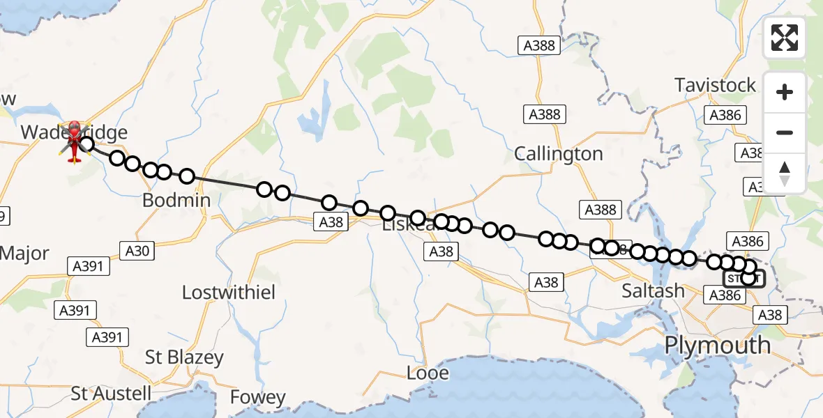 Flight route Air Ambulance Helicopter Derriford Hospital - Wadebridge, 26 May 2026, 11:42