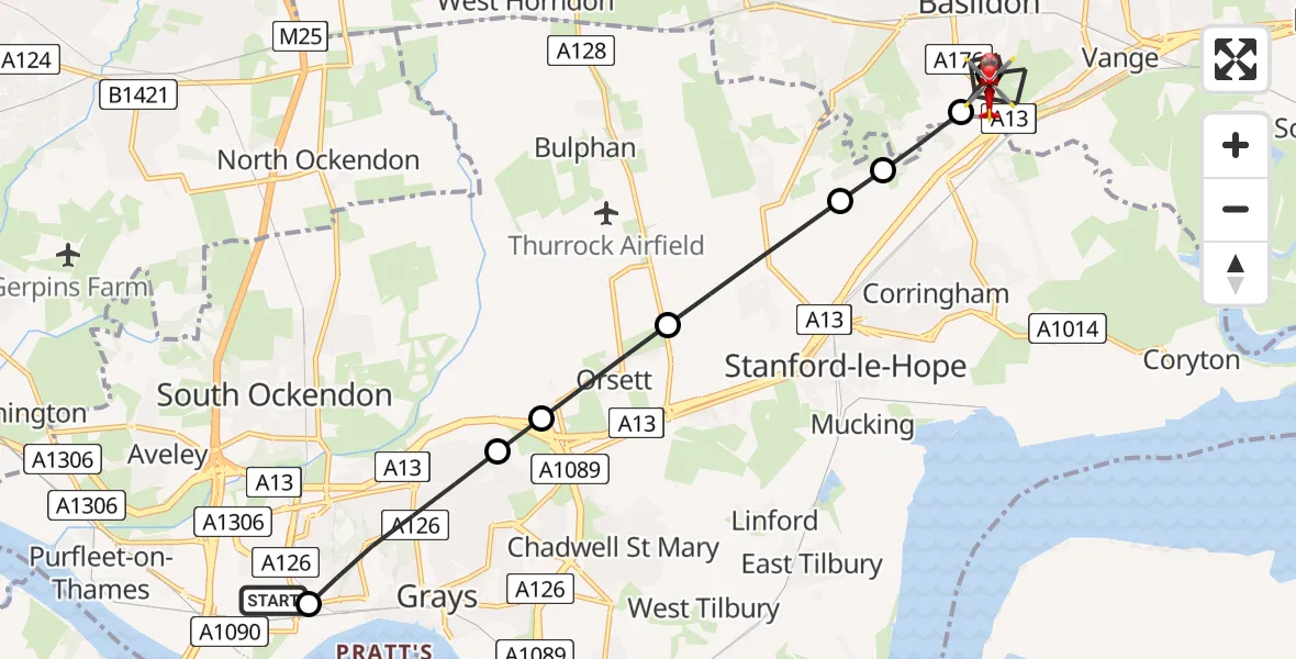 Flight route Air Ambulance Helicopter West Thurrock - Basildon, 26 May 2026, 11:44