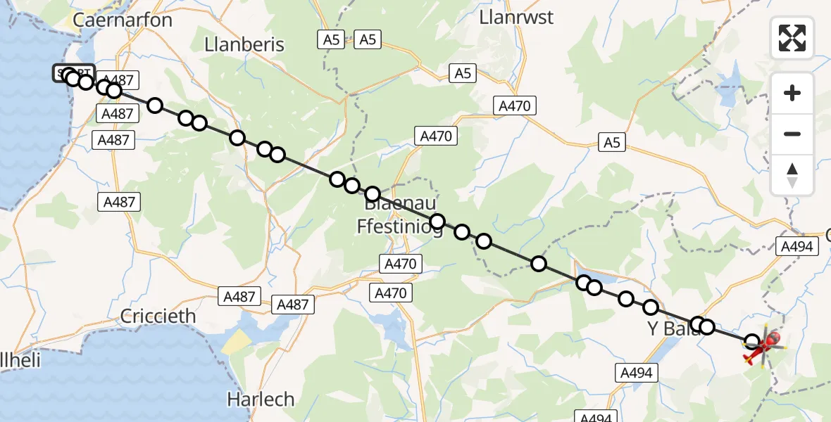 Flight route Air Ambulance Helicopter Caernarfon Airport - Llandderfel, 26 May 2026, 11:49