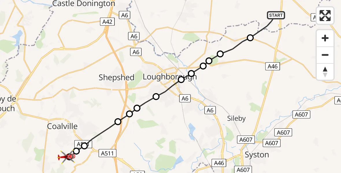 Flight route Air Ambulance Helicopter Willoughby on the Wolds - Ellistown, 26 May 2026, 12:00