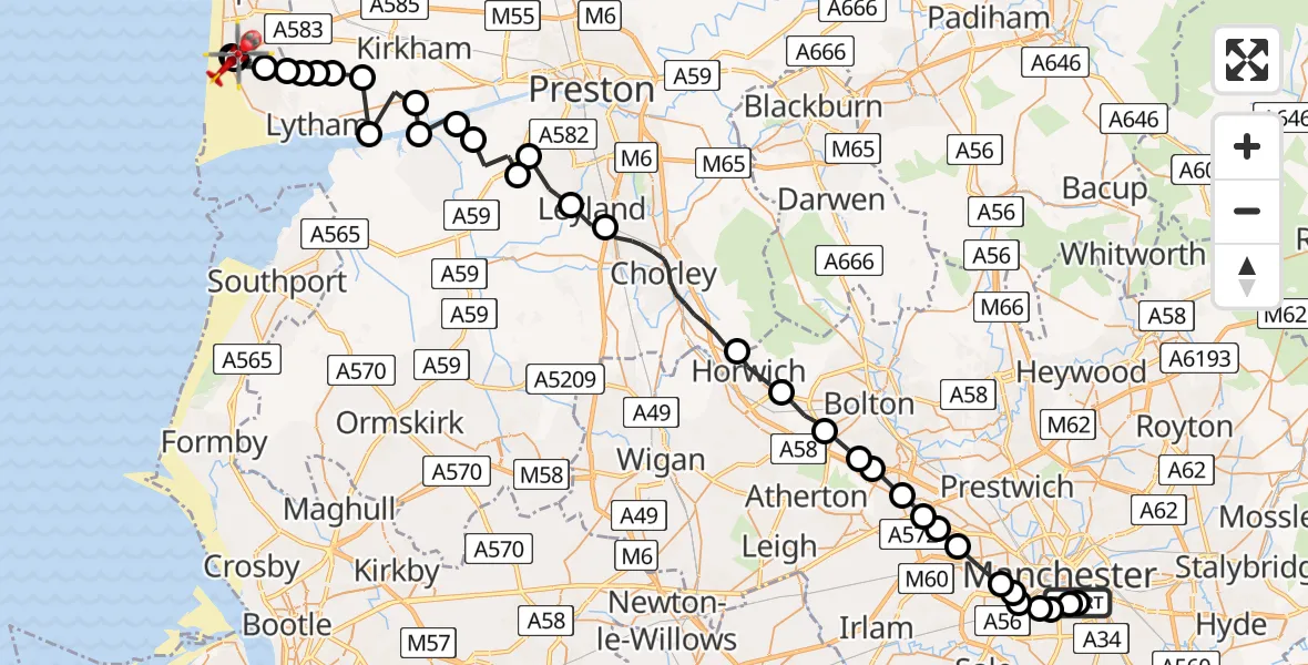 Flight route Air Ambulance Helicopter City Centre - Squires Gate, 26 May 2026, 12:02