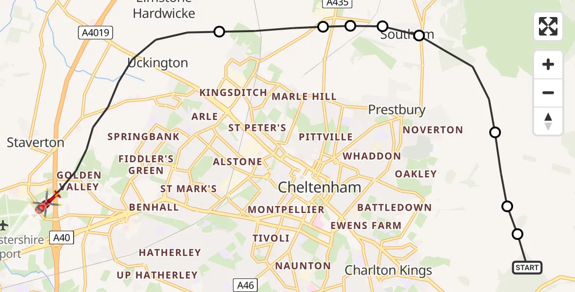 Flight route Air Ambulance Helicopter Whittington - Tewkesbury, 26 May 2026, 12:04