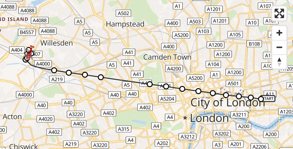 Flight route Air Ambulance Helicopter Royal London Hospital - Harlesden, 26 May 2026, 12:09