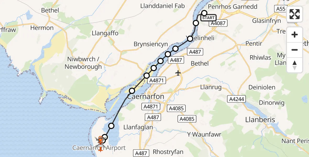 Flight route Coastguard Helicopter Aber Pwll - Caernarfon Airport, 26 May 2026, 12:10