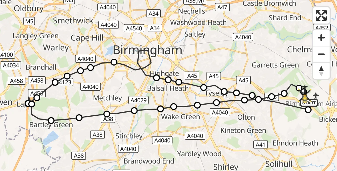 Flight route Police Helicopter Birmingham Airport - Birmingham Airport, 26 May 2026, 12:19