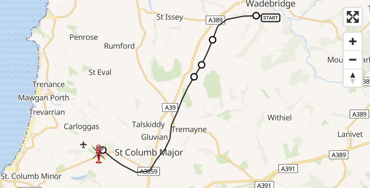 Flight route Air Ambulance Helicopter Wadebridge - Cornwall Airport Newquay, 26 May 2026, 12:26